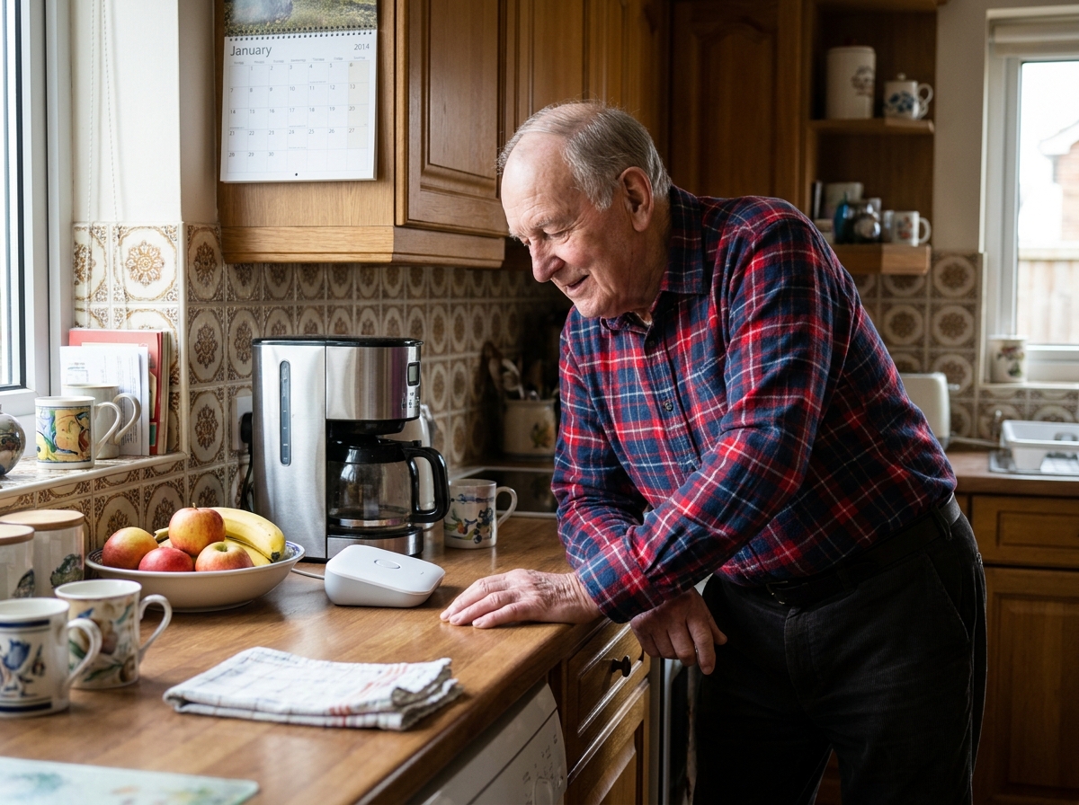 Un homme âgé utilise un dispositif de téléassistance connecté dans sa cuisine, symbolisant l'autonomie et la sécurité des personnes âgées à domicile