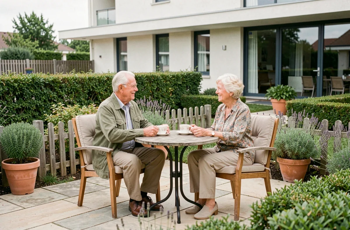 Deux résidents âgés profitent de la terrasse extérieure d'un EHPAD moderne entouré d'un jardin soigné, illustrant la qualité de vie en établissement