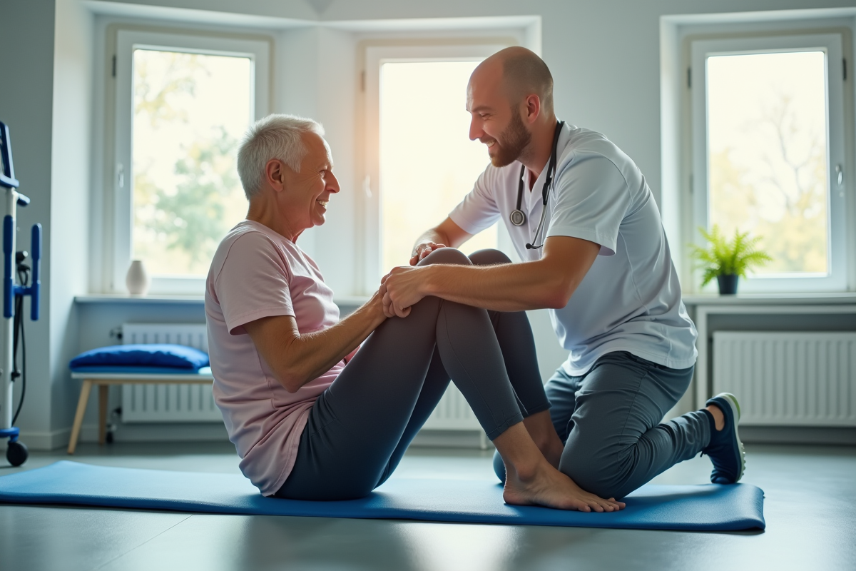 Therapeute aidant un patient en reeducation physique
