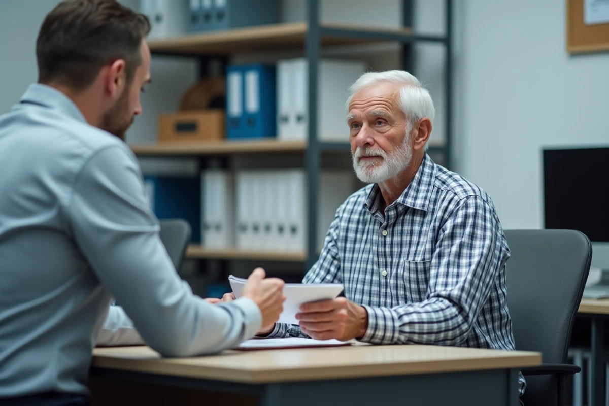 Un travailleur social remet une brochure d'information à une personne âgée dans un bureau administratif, dans le cadre d'un accompagnement pour les aides à l'hébergement en maison de retraite.