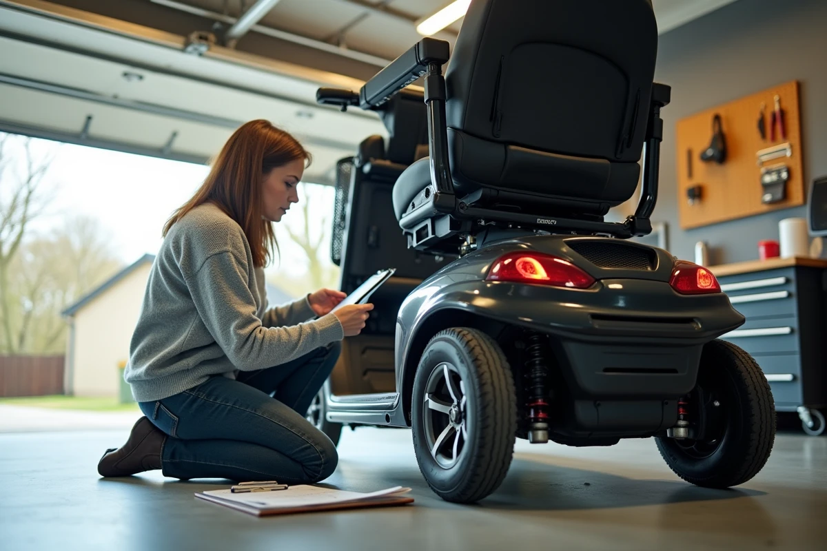 Femme vérifiant l'état du châssis et de la batterie d'un scooter PMR électrique d'occasion dans un garage