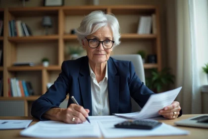 Femme retraitée qui vérifie ses relevés de pension Agirc Arrco à son bureau à domicile