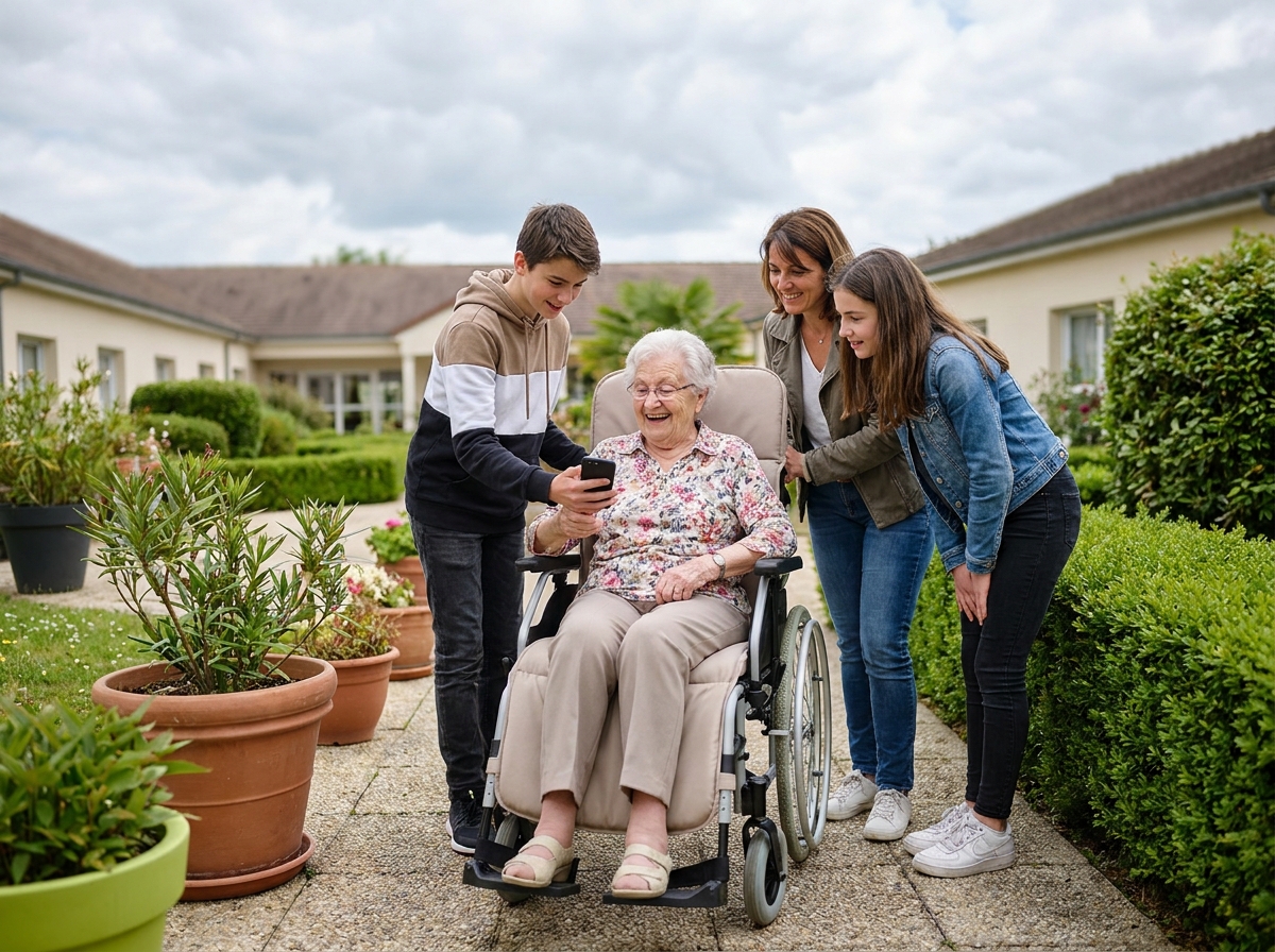 Une famille multigénérationnelle rend visite à une résidente âgée dans le jardin d'un EHPAD LNA Santé