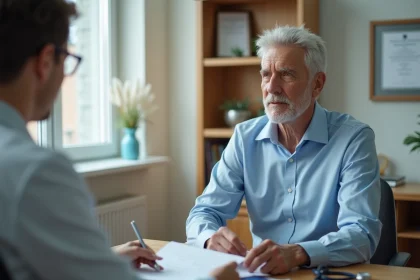 Un homme senior de 72 ans lors d'une visite médicale pour le renouvellement de son permis de conduire après 70 ans