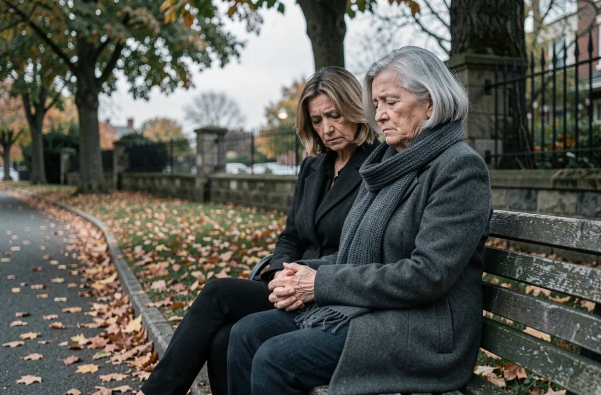 Deux voisines sur un banc de parc se réconfortant mutuellement après le décès d'une personne âgée