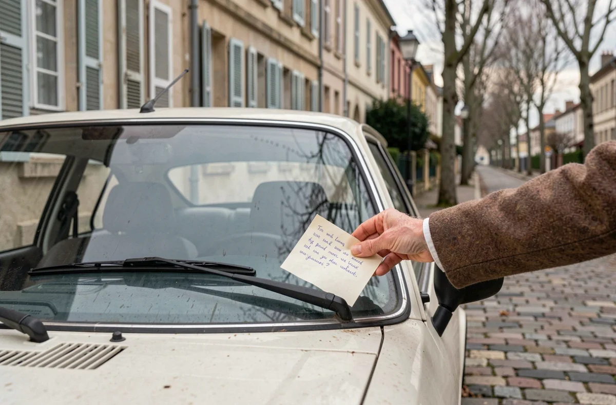 Voiture ancienne stationnée dans une rue française avec un mot glissé sous l'essuie-glace symbolisant la transmission d'un véhicule entre voisins