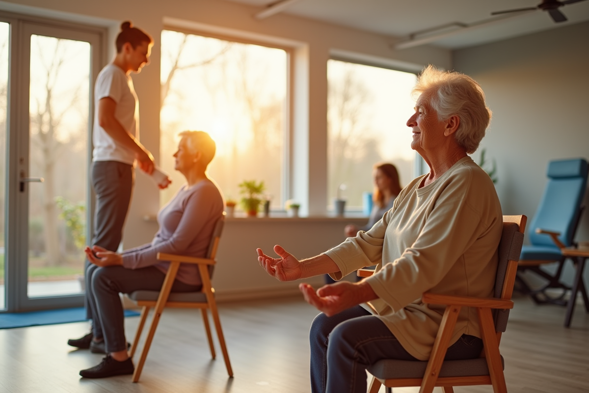 Personnes âgées pratiquant le yoga assis avec un instructeur dans une salle moderne