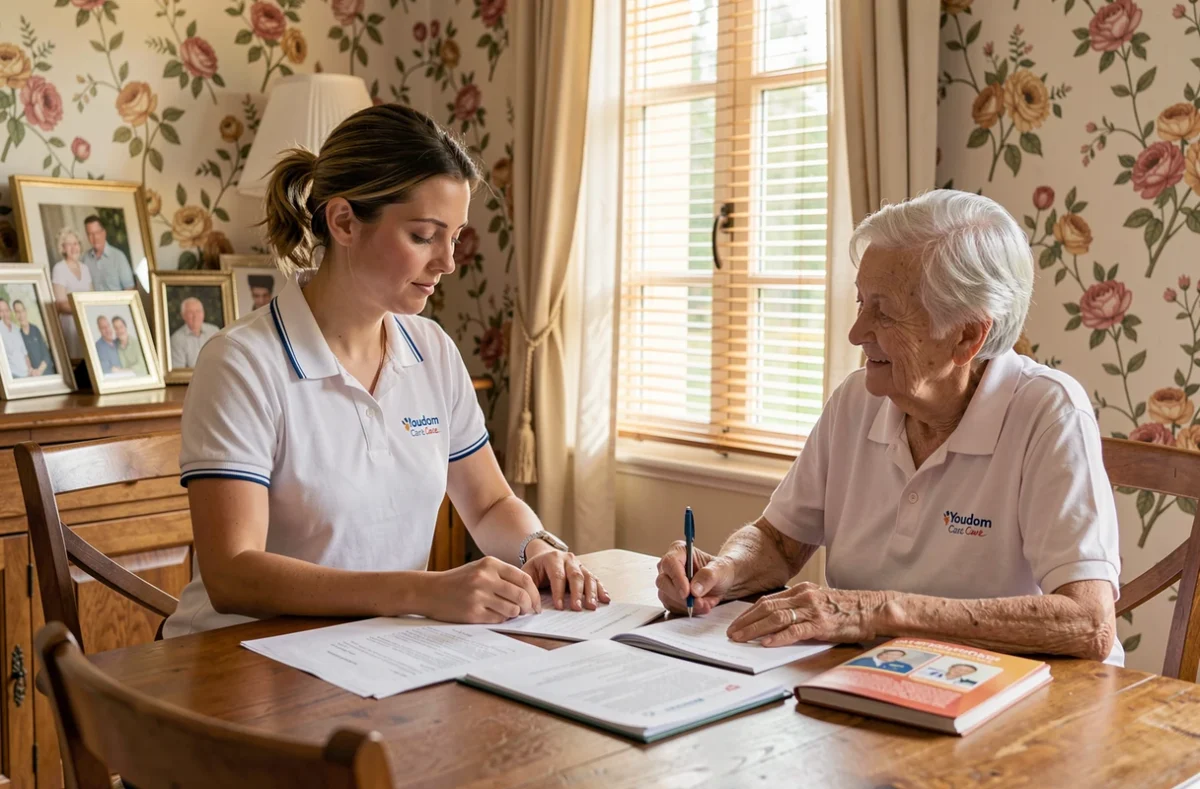 Une professionnelle de Youdom Care Chelles accompagne une senior dans ses démarches administratives à domicile.