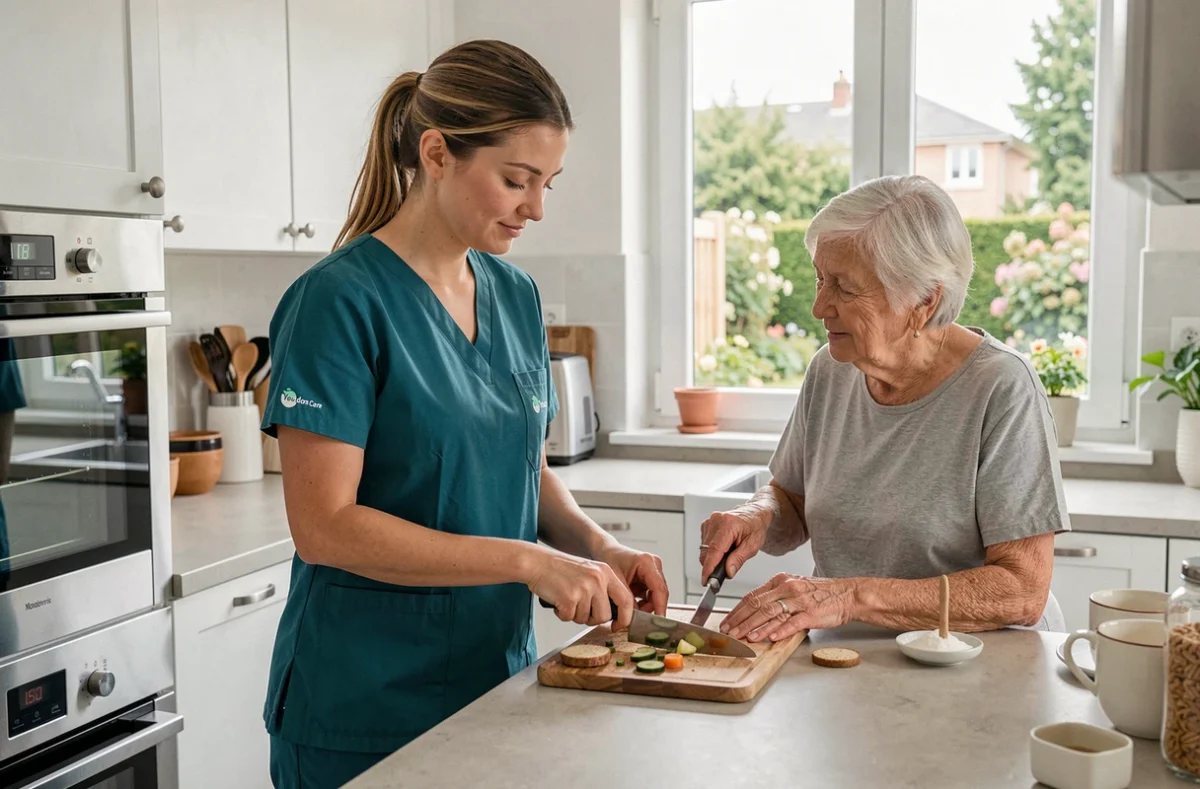 Une intervenante de Youdom Care Montévrain aide une personne âgée à préparer un repas dans sa cuisine moderne.